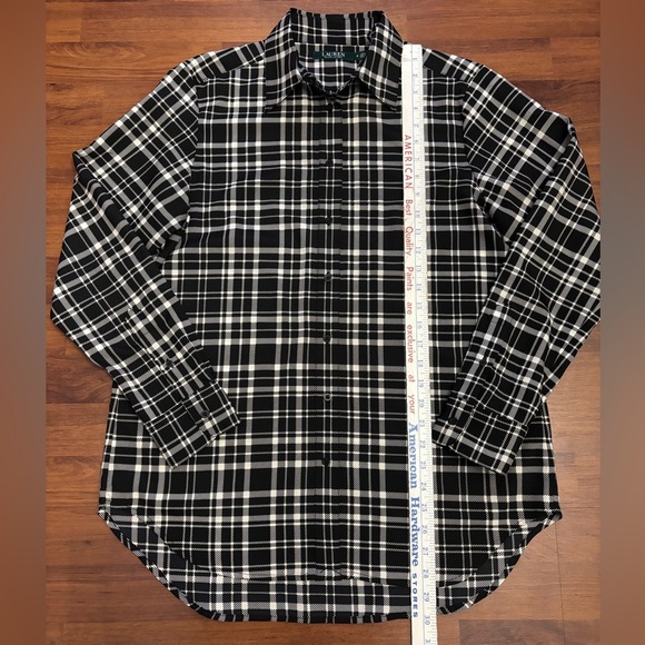Lauren Ralph Lauren Sheer Button Up Tunic Black Plaid Oversized Top Size Medium - Picture 5 of 10